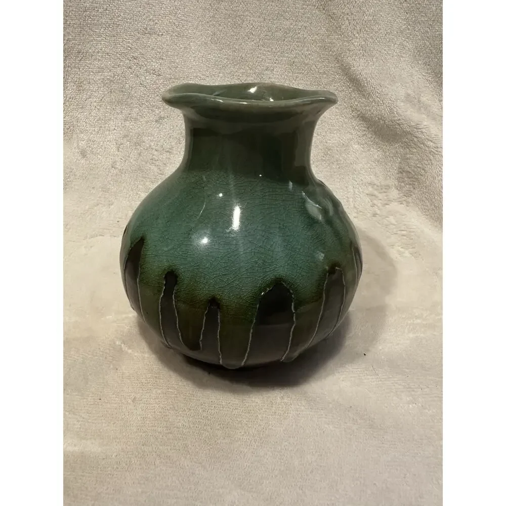 Handcrafted pottery vase green Brown crackle dripping glaze Decor Boho Retro